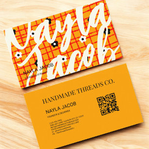 Carte De Visite Orange Rouge Floral Check Motif QR Code fait main
