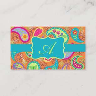 Carte De Visite Orange Turquoise Moderne Paisley Motif Monogramme
