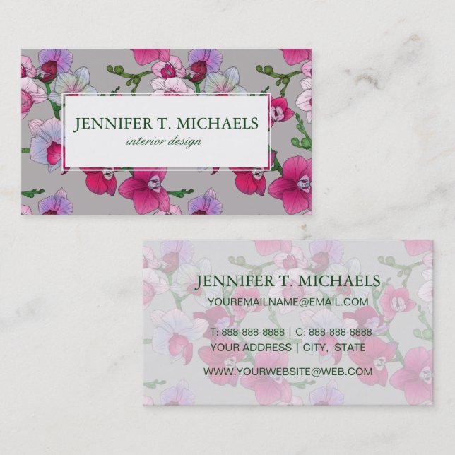Carte De Visite Orchidées Roses En Fleur| Ajouter votre nom (Devant / Derrière)