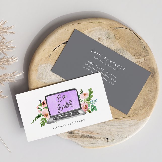 Carte De Visite Ordinateur portable Floral | Assistant virtuel (Créateur téléchargé)