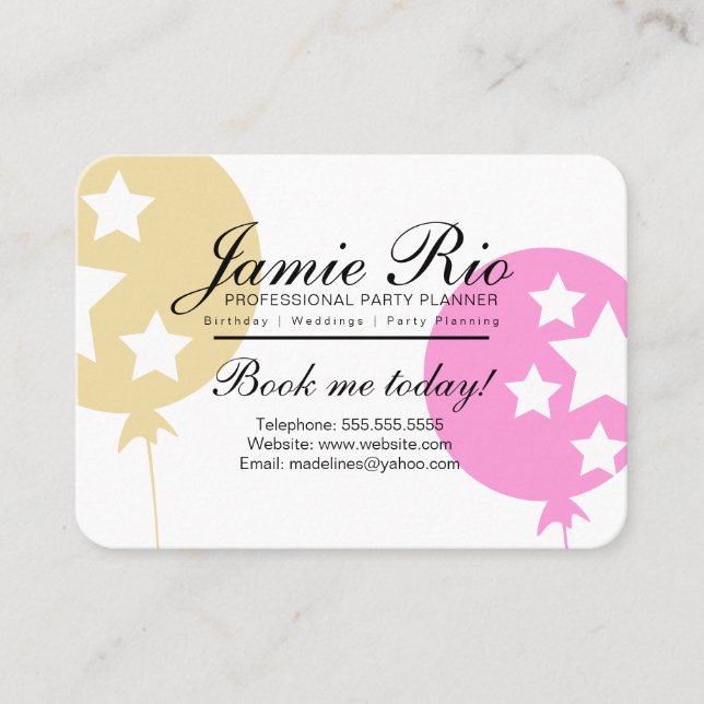 Carte De Visite Organisateur de fête Planification d'anniversaire  (Devant)