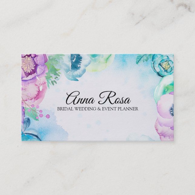 Carte De Visite Organisateur rose floral bleu de mariage de *~* (Devant)