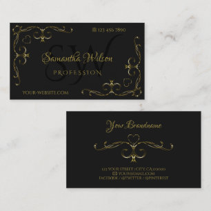 Carte De Visite Ornat Gold Noir de luxe Corner Bordures Initiales