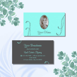 Carte De Visite Ornat Turquoise et gris élégant avec portrait phot