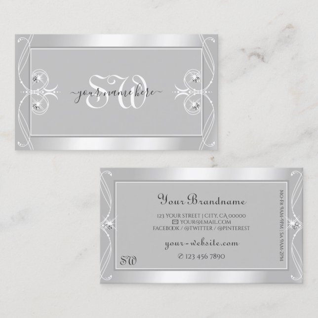 Carte De Visite Ornate Argent clair Gris Épargne Bijoux Monogramme (Devant / Derrière)