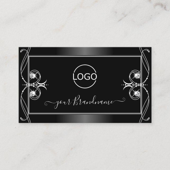 Carte De Visite Orné noir et blanc brillant Diamants ajouter logo (Devant)