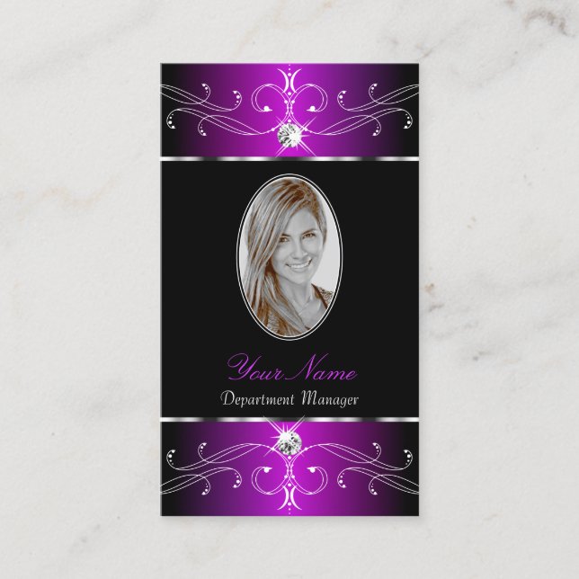 Carte De Visite Ornements Majestic violet noir ornat avec photo (Devant)