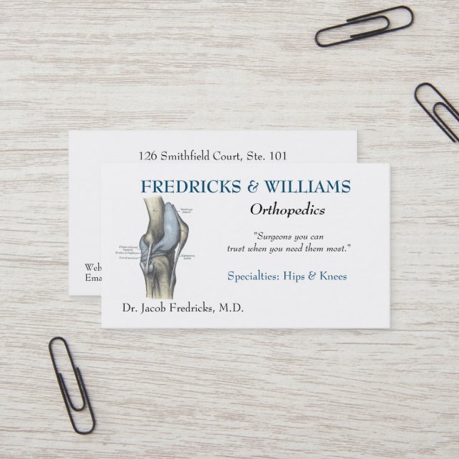 Carte de visite orthopédique de chirurgien (Devant/Arrière en situation)