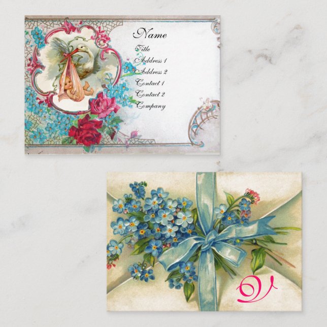 Carte De Visite OUBLIEZ MOINS STORK BABY SHOWER 2 MONOGRAM blanc (Devant / Derrière)