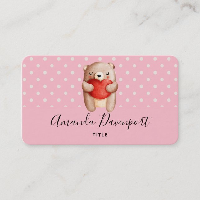 Carte De Visite Ours en peluche mignon portant un coeur rouge (Devant)