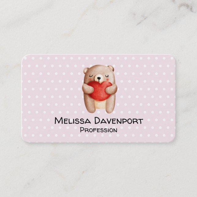 Carte De Visite Ours en peluche mignon portant un coeur rouge (Devant)