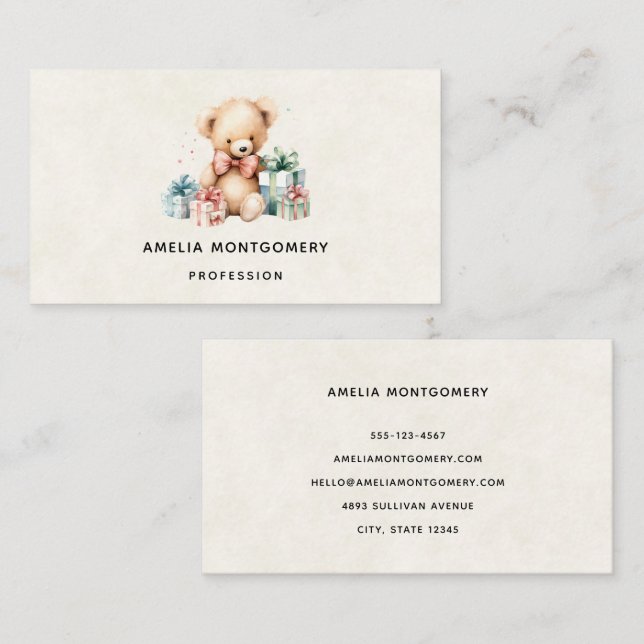 Carte De Visite Ours en peluche mignonne avec cadeaux de Noël (Devant / Derrière)