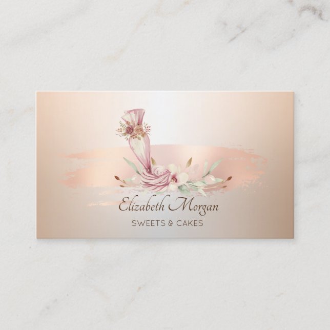 Carte De Visite Outil de boulangerie fleur rose en or pinceau trai (Devant)