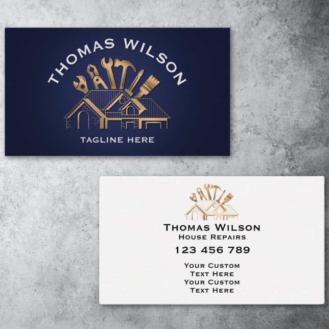 Carte De Visite Outil de réparation pour homme de construction pro (repair logo gold on navy, tools and roof)