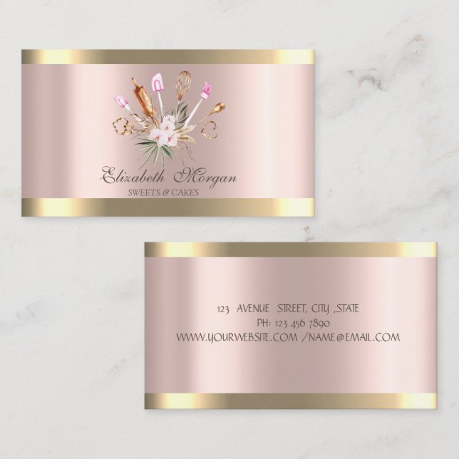 Carte De Visite Outils de boulangerie Fleurs Gold Stripe Rose Or (Devant / Derrière)