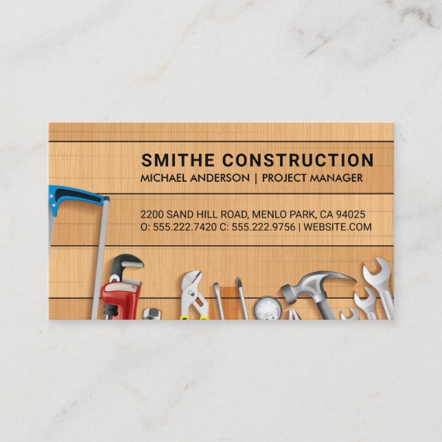 Carte De Visite Outils de construction sur table en bois | Menuise (Devant)