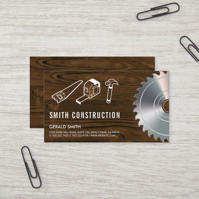 Carte De Visite Outils de construction | table de bois (Devant/Arrière en situation)