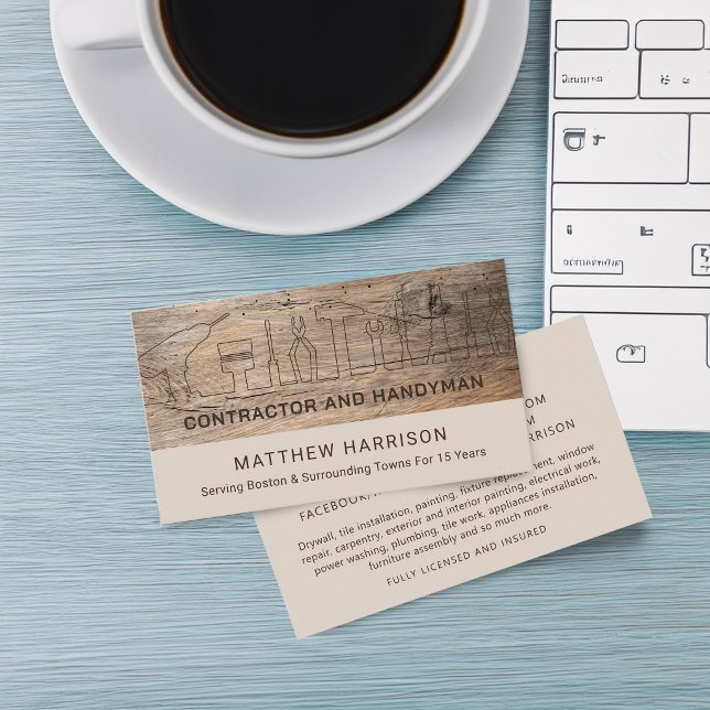 Carte De Visite Outils de Manoeuvre de Construction Rustique en Bo (Rustic Construction Handyman Tools Wood Business Card)