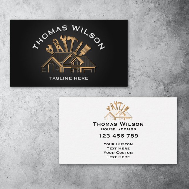 Carte De Visite Outils de menuiserie de construction professionnel (gold handyman tools and house roof)