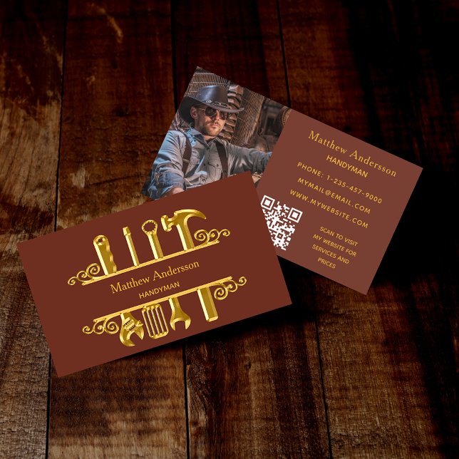 Carte De Visite Outils en or Brown réparation maison photo code QR (Créateur téléchargé)