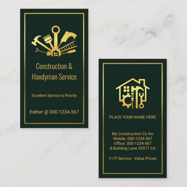 Carte De Visite Outils Gold Handyman Sur Cadre Gold Vert (Devant / Derrière)