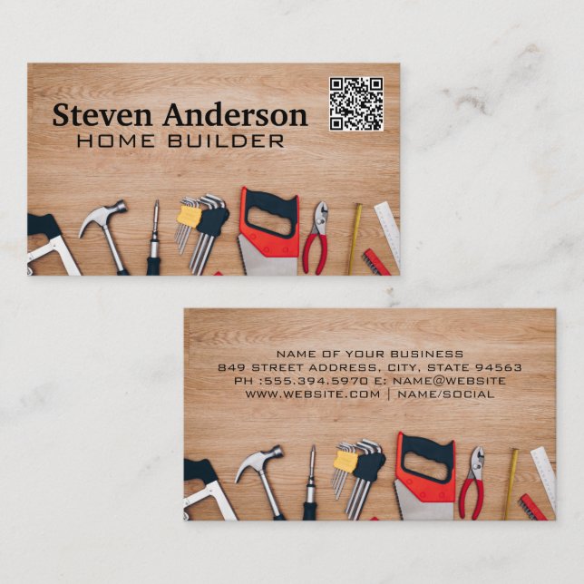 Carte De Visite Outils matériels sur table | Code QR (Devant / Derrière)