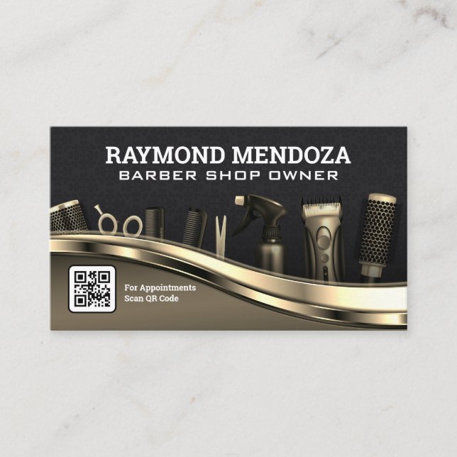 Carte De Visite Outils pour cheveux | Code QR | Métallique d'or (Devant)