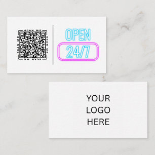 Carte De Visite Ouvert 24h/24 Néon Code QR et logo personnalisab