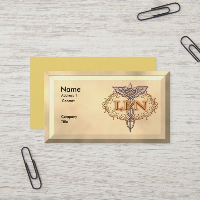 Carte De Visite Oval Cuivre Caduceus LPN Infirmière (Devant/Arrière en situation)