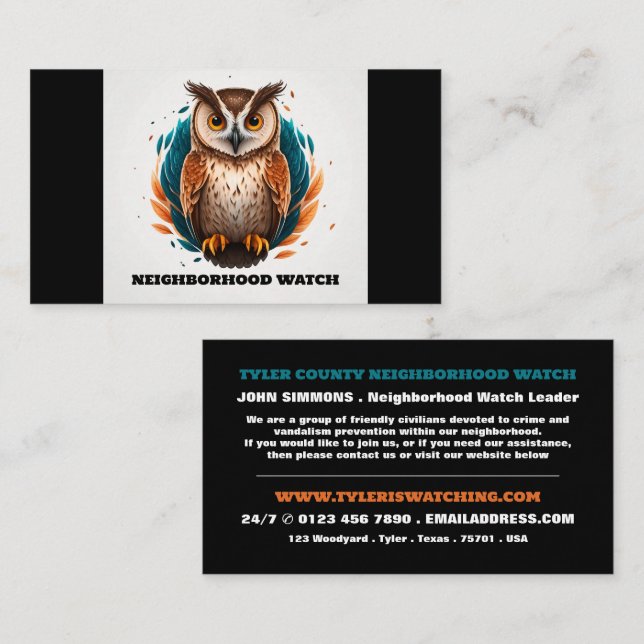 Carte De Visite Owl Design, Neighborhood Community Watch (Devant / Derrière)
