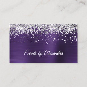 Carte De Visite Pailleté Argent Paillettes Satin Violet Foncé Feui