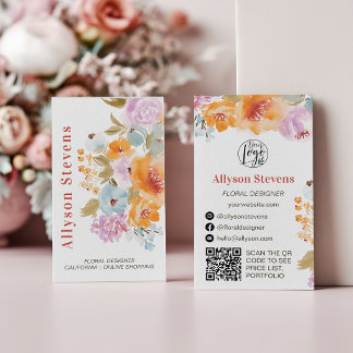 Carte De Visite Painted boho floral watercolor florist logo qr