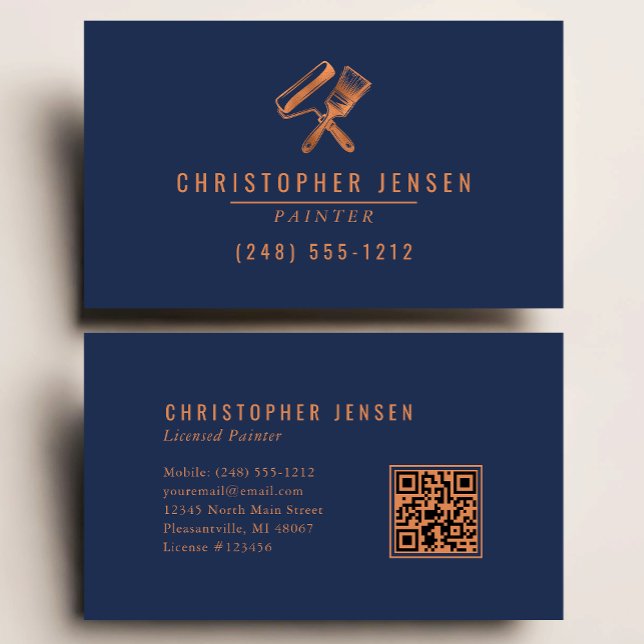 Carte De Visite Painter QR Code Painting Business Navy Blue Copper (Créateur téléchargé)