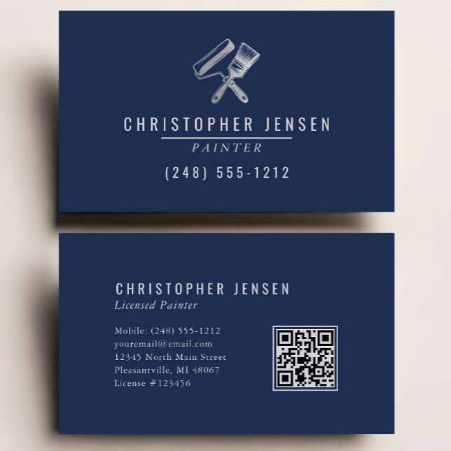 Carte De Visite Painter QR Code Painting Business Navy Blue Silver (Créateur téléchargé)