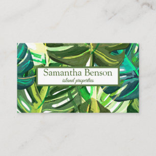 Carte De Visite Palm Feuille Tropical Island Carré vert et blanc