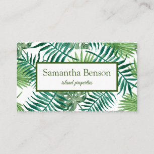 Carte De Visite Palm Feuille Tropical Island Carré vert et blanc