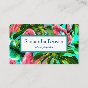 Carte De Visite Palm Feuille Tropical Island Green & White Carré B