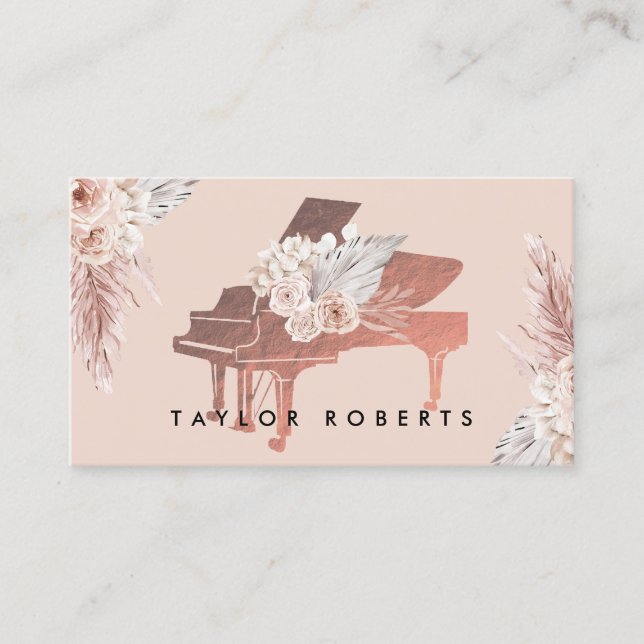 Carte De Visite pampas beige herbe boho fleurs pianiste (Devant)