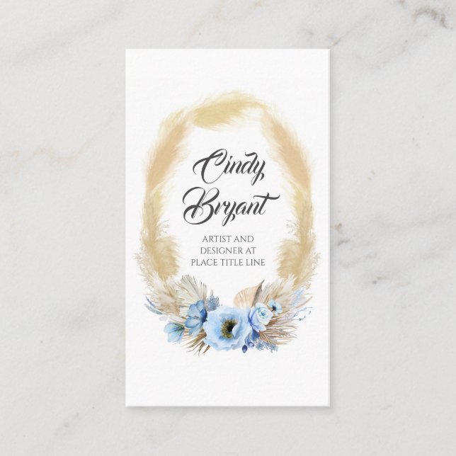 Carte De Visite Pampas Grass et Fleurs bleu poussiéreux Élégant Ex (Devant)