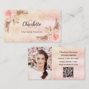 Carte De Visite Pampas herbe bouffante rose floraux code QR photo