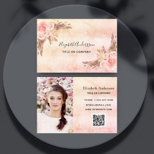 Carte De Visite Pampas herbe bouffante rose floraux code QR photo