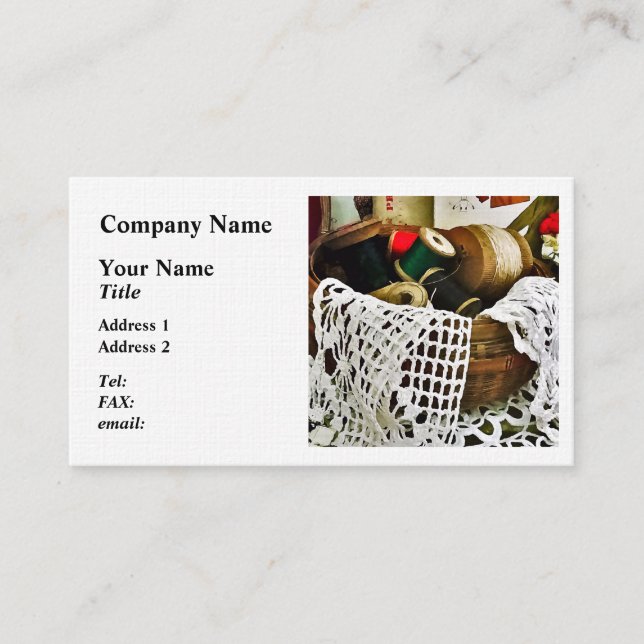 Carte De Visite Panier à coudre avec fil et dentelle (Devant)