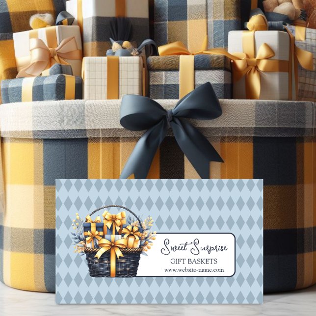Carte De Visite Panier cadeau bleu et jaune (Promote your gift basket business with this elegant blue and yellow business card.)