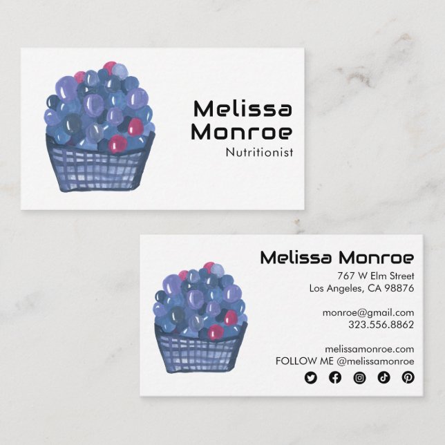 Carte De Visite Panier de bleuets Charming Aquarelle Fruit mou (Devant / Derrière)