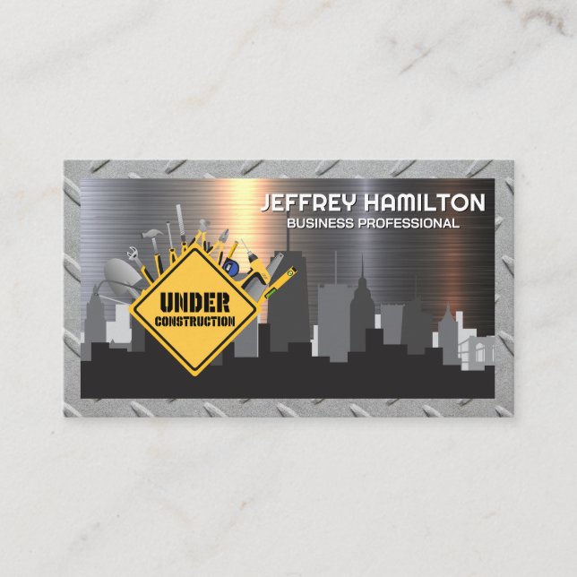 Carte De Visite Panneau de construction et outils | Ville Skyline (Devant)