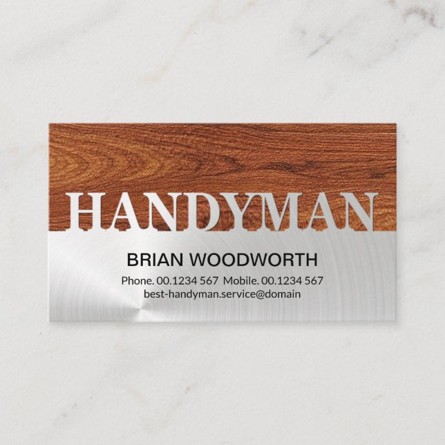 Carte De Visite Panneau en bois Grain Argent Handyman Signal (Devant)