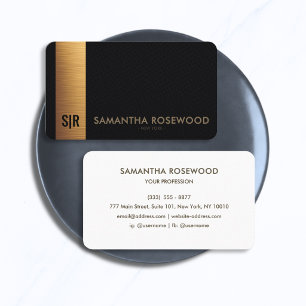 Carte De Visite Panneau Monogramme en Cuir Noir et Or Brossé 