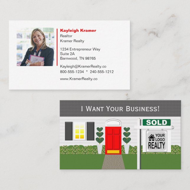 Carte De Visite Panneau Realtor Red Door Maison Blanche Vendu (Devant / Derrière)