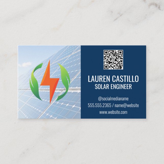 Carte De Visite Panneaux solaires | Code QR | Logo énergie propre (Devant)