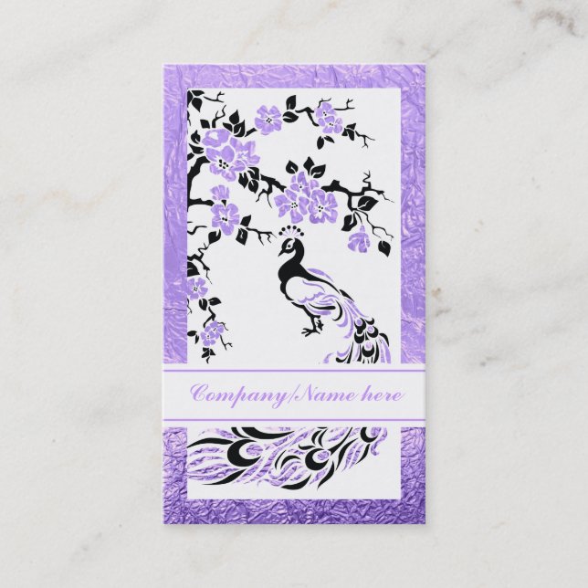 Carte De Visite Paon noir, violet et fleurs de cerisiers (Devant)